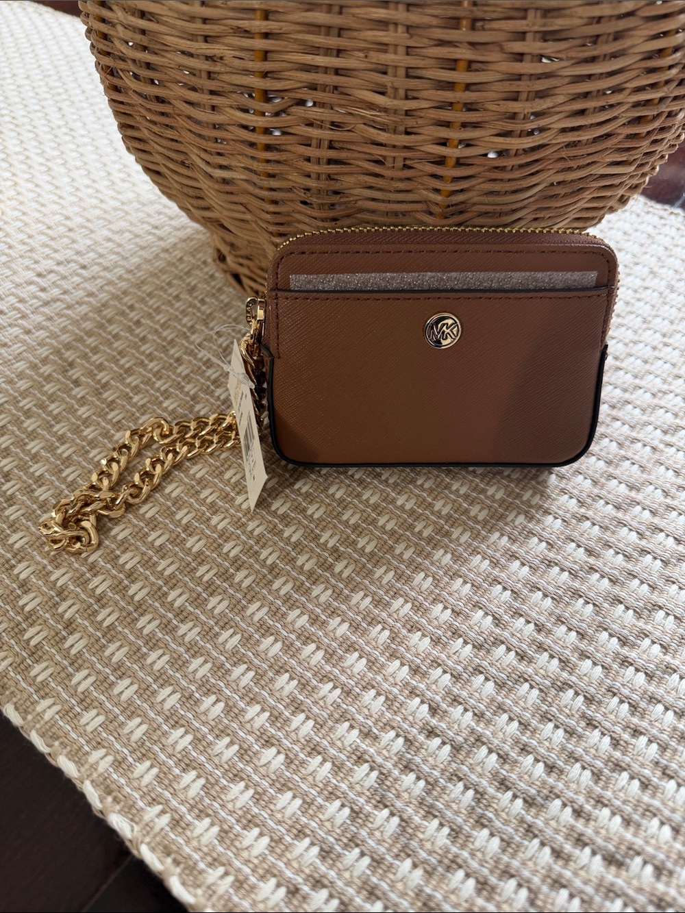 Michael Kors Jet Set Brown Leather Card Wallet with Gold Chain NWT